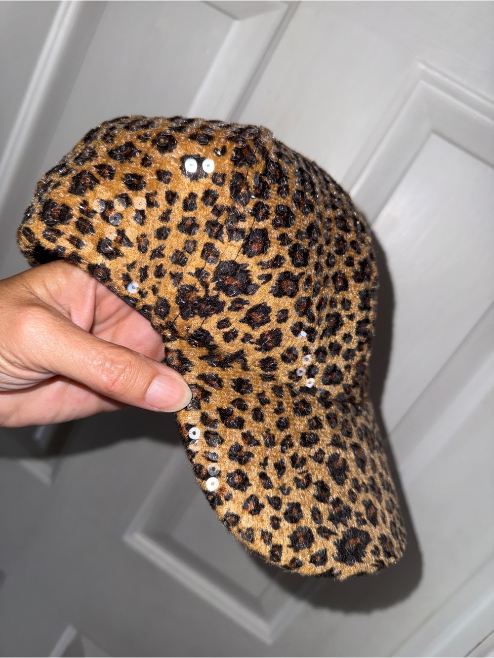 Leopard Print Baseball Cap with Sequin Detail - Brown - Picture 3 of 6